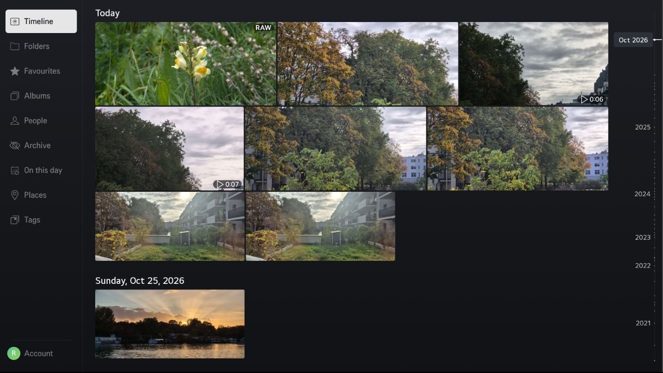 Memories TV showing the timeline: the navigation rail on the left, a justified grid of photos and videos with RAW and duration badges, and the date scrubber on the right